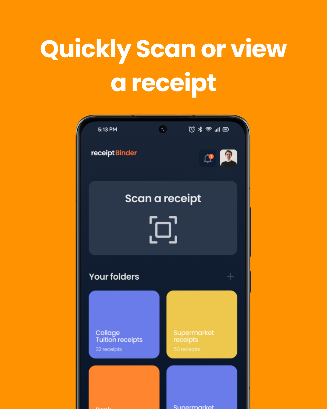 Receipt Binder’s home screen and receipt folders, as shown in its Google Play listing.