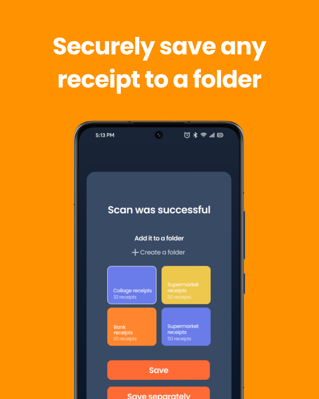 Receipt Binder Google Play graphic showing a successful scan and receipt folders to save it to.