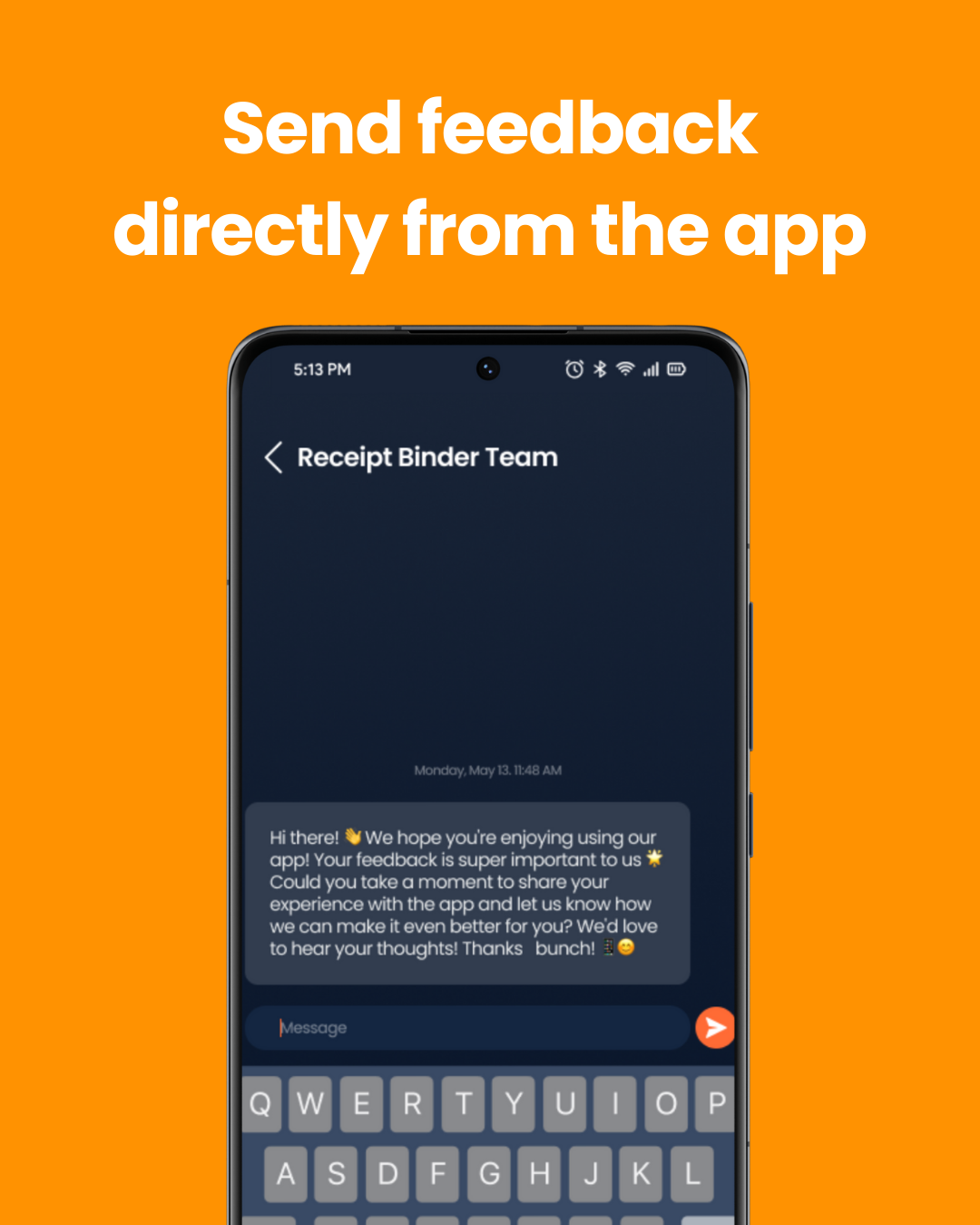 Receipt Binder Google Play graphic showing the in-app feedback conversation and a message input.
